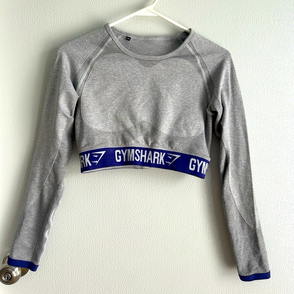 Gymshark Long Sleeve Crop Top Grey Marl / Indigo Size Small